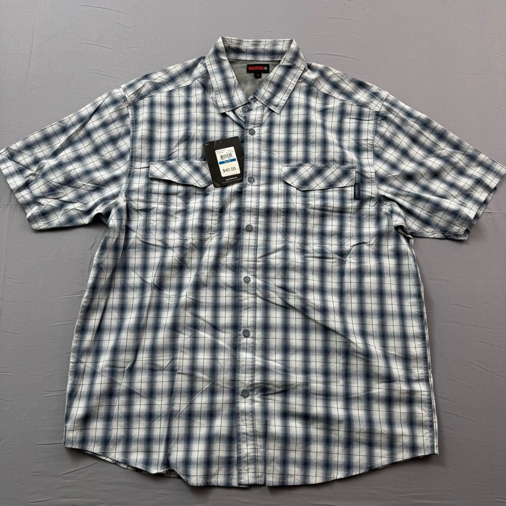 Wolverine Pentwater SS Plaid Shirt Mens XL Blue White Cotton Mesh Vented‎ Back